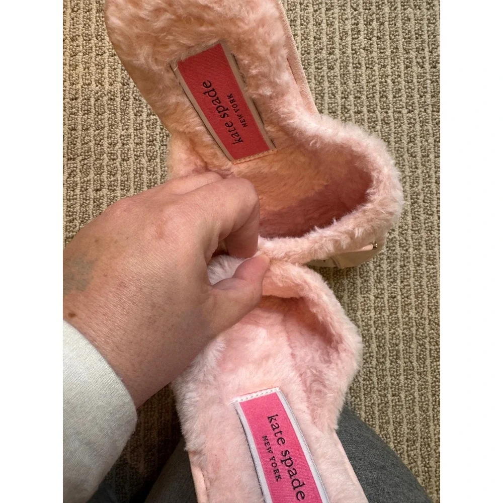 Kate Spade Lacey Pink Faux Fur Bow Slippers Women's‎ Size 9B